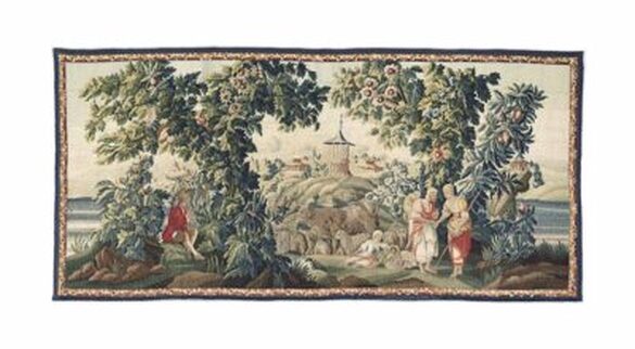 A tapestry with people in the foreground with a castle in the background and trees and foliage