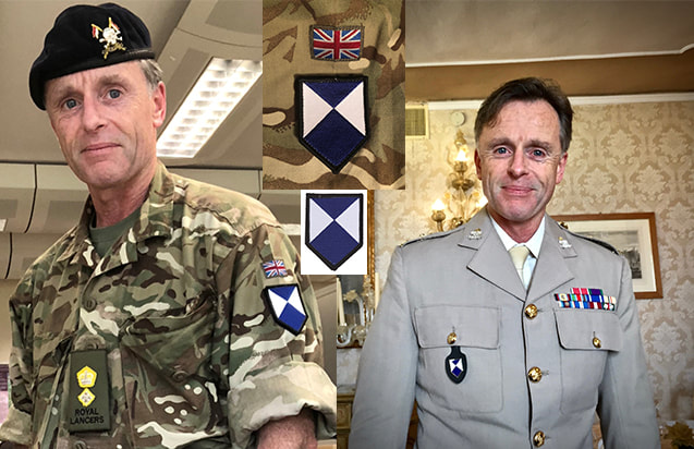 4 part picture - left, a man in military uniform with an embroidered patch of the blue and white shield prominently on his arm; right - the same man in army dress uniform with an enamel blue and white badge on his chest; centre - close ups of the badges.